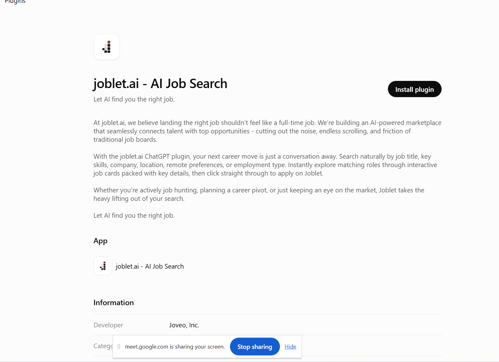 The live joblet.ai AI Job Search installation page in ChatGPT