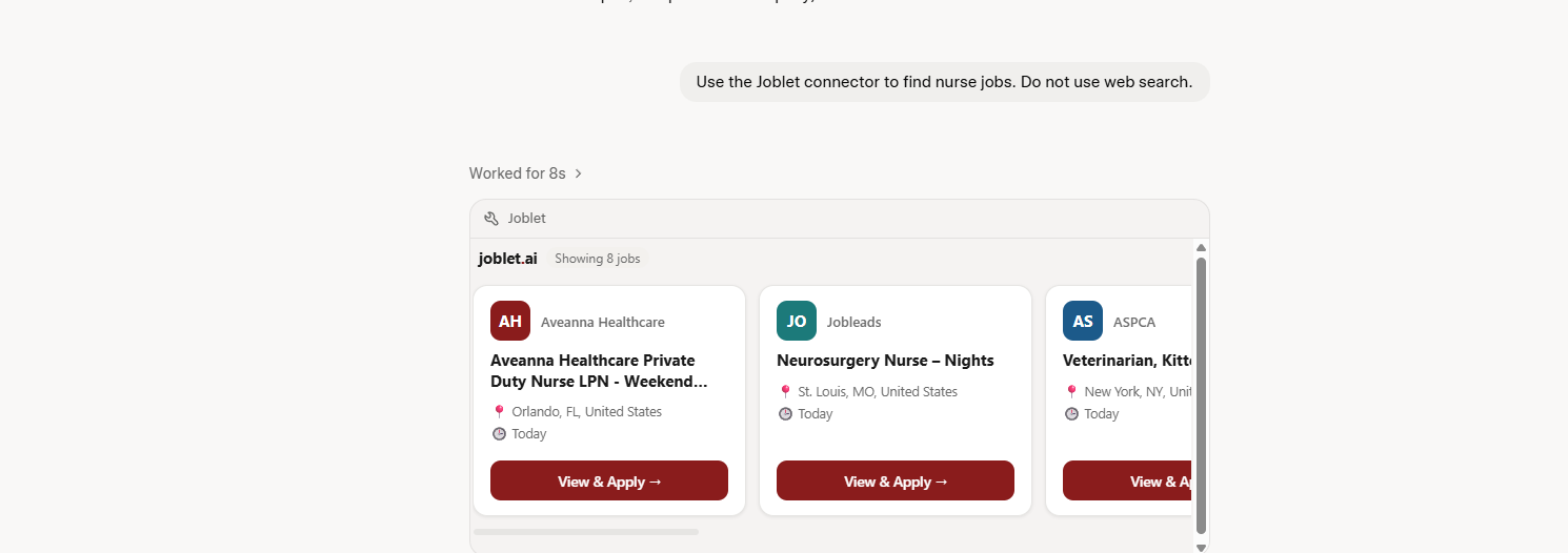 Joblet job results shown inside Grok, with job cards for nurse roles and a View and Apply button on each.