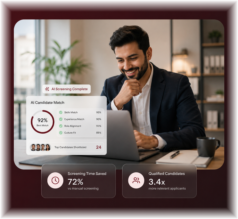joblet.ai AI Candidate Match dashboard showing a 92% best match, screened candidates, 72% screening time saved and 3.4x more qualified candidates